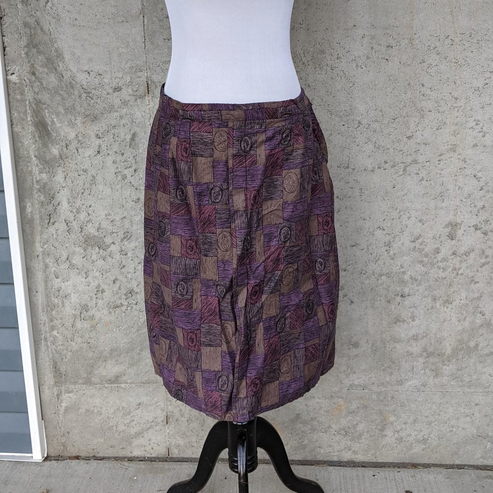 VINTAGE Homemade Purple Roman Coin Wood Plank Print Skirt, Size M